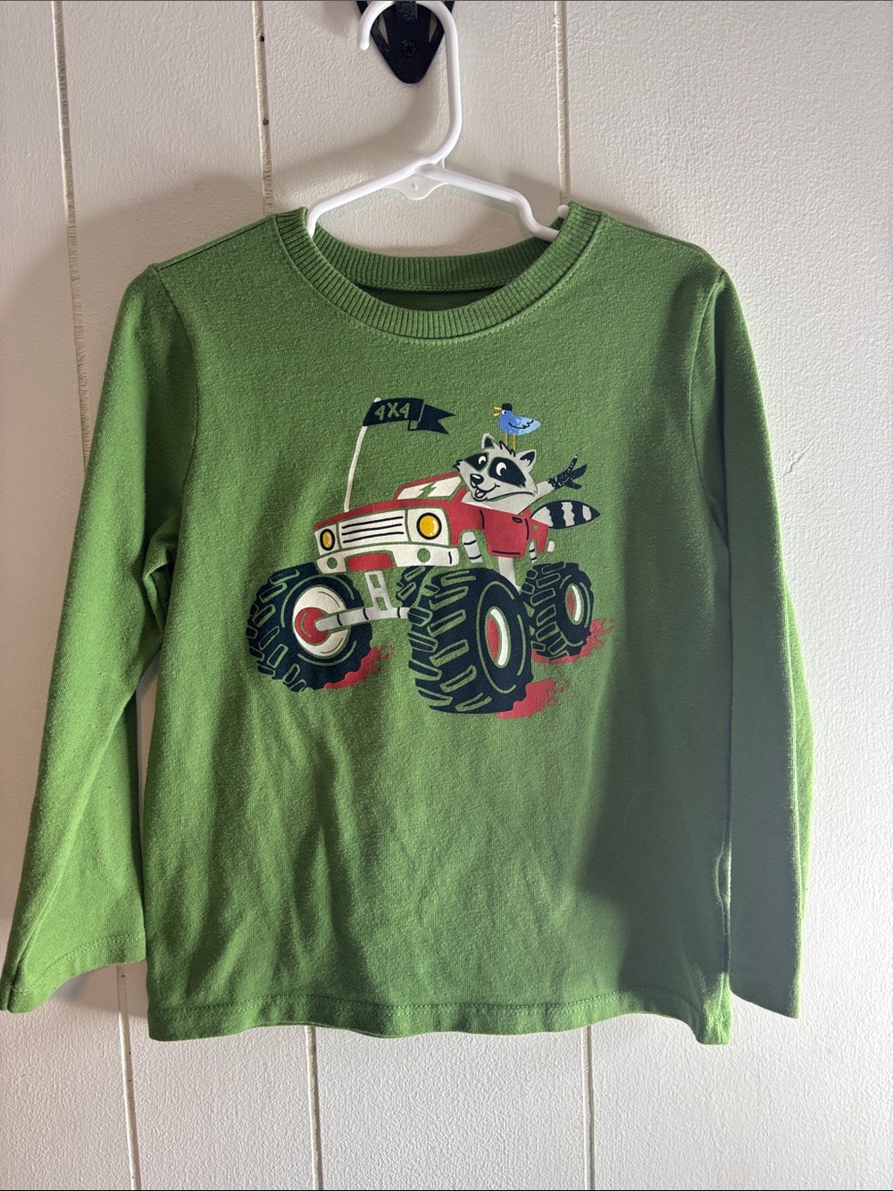 491 - Green Kids' Long-Sleeve Shirt with Monster Truck Raccoon Graphic